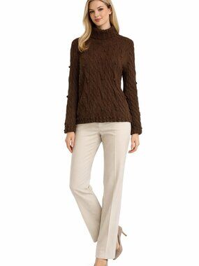 Women’s Brown Bobble Cable Knit Turtleneck Sweater – Heavyweight